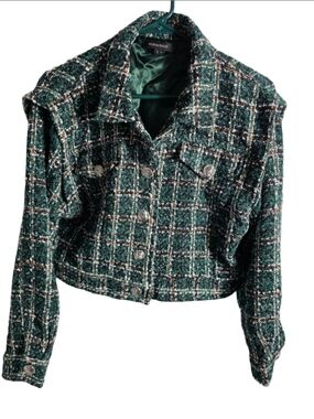 Women's Olivaceous Tweed Blazer Jacket Size L Green Black Plaid fall trendy